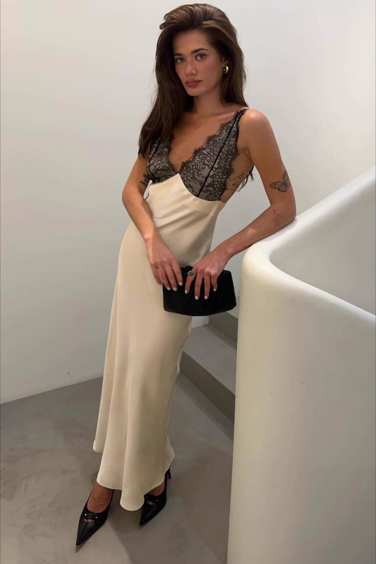 Eyelash Lace Trim Spaghetti Strap Satin Column Maxi Gown