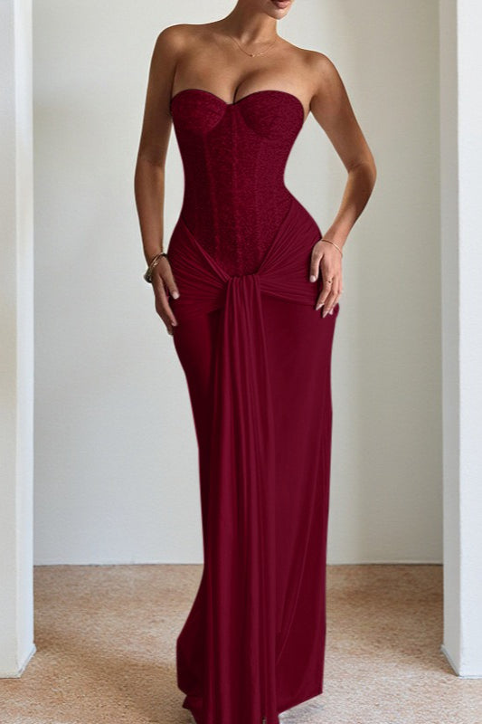 Sequin Strapless Sweetheart Corset Bustier Draped Maxi Gown