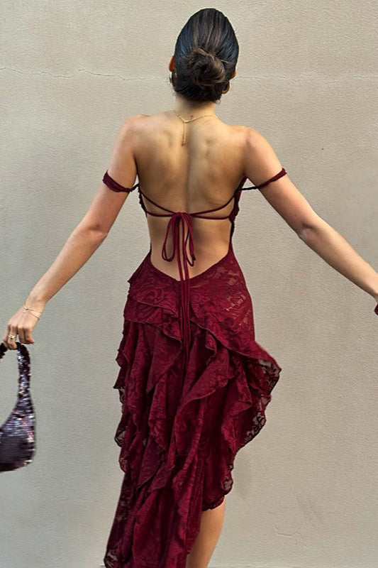 Lace Off Shoulder Ruffled Tier High-Low Hem Maxi Dress