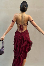 Lace Off Shoulder Ruffled Tier High-Low Hem Maxi Dress