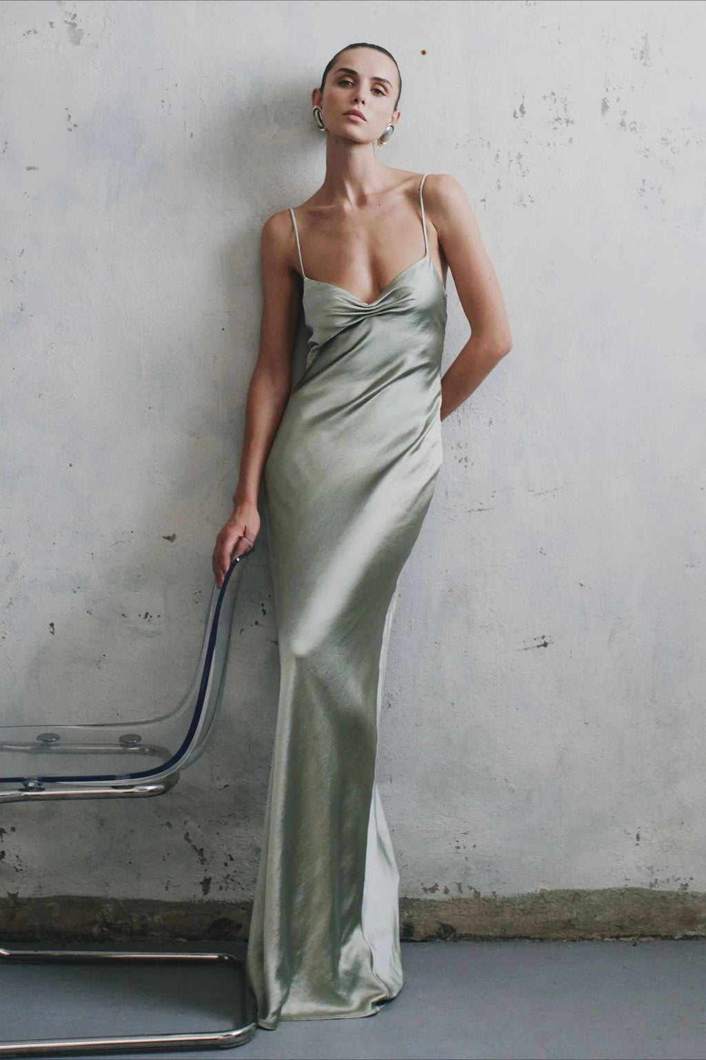 Satin Ruched Bust Spaghetti Strap Maxi Slip Dress