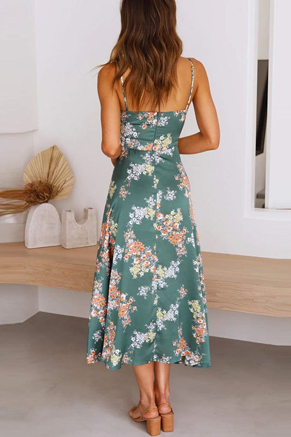 Floral Print Tie Front Sweetheart Cutout Midriff Slit Satin Maxi Dress