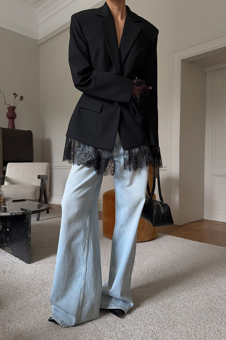 Black Lace Paneled Long Sleeve Waist-Cinched Soft Blazer