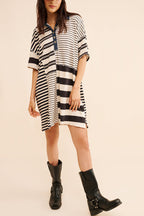 Denim Collar Striped Patchwork Polo Rugby Mini Dress