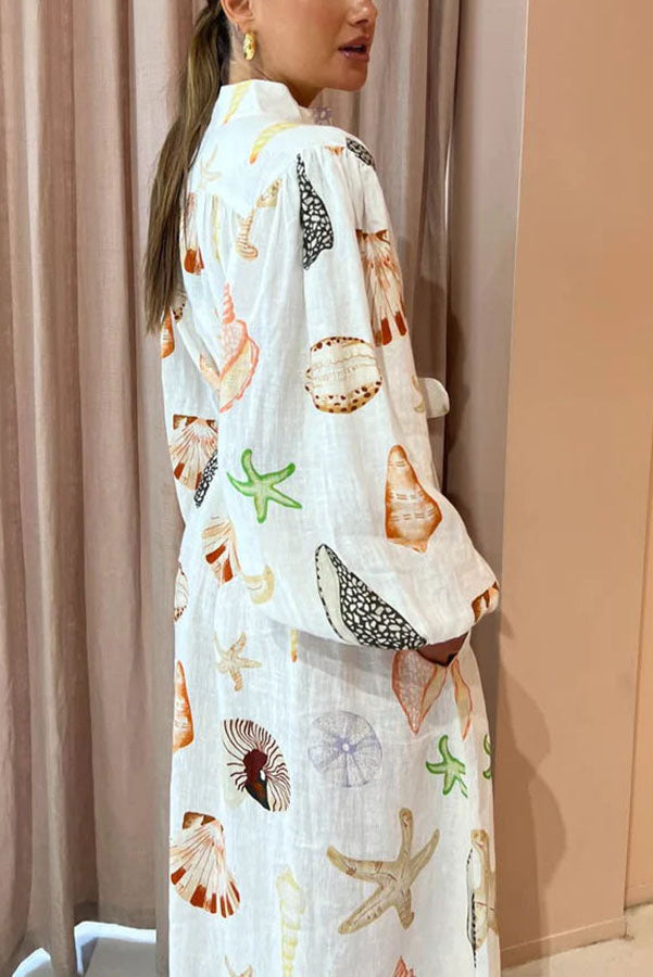 Mandarin Collar Button-Front Puff Sleeve Seashell Starfish Print Belted Maxi Shirt Dress