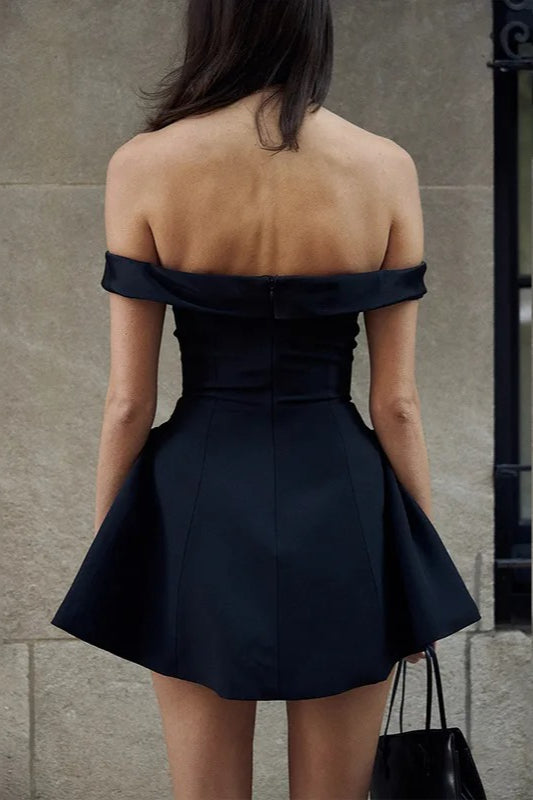 Satin Off Shoulder Sweetheart Fit and Flare Skater Mini Dress