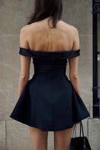 Satin Off Shoulder Sweetheart Fit and Flare Skater Mini Dress