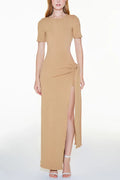 Holiday Party Ribbed Knit Cutout Waist Straps Slit Maxi Dress