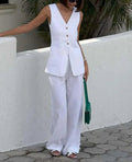 White Cotton Sleeveless Straight Trousers Office Two Piece Set