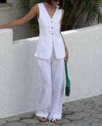White Cotton Sleeveless Straight Trousers Office Two Piece Set