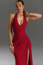 Halter Neck Wrap Ruched High Slit Maxi Dress
