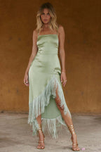 Satin Square Neck Spaghetti Strap Rhinestone Belt Fringe Wrap Midi Cocktail Dress
