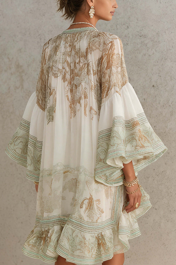 Mini Dress with Flared Sleeves and Printed Ruffles