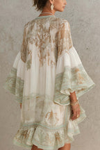 Mini Dress with Flared Sleeves and Printed Ruffles