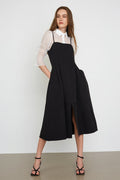 Square Neck Spaghetti Strap Front Slit Pocket A-Line Midi Dress
