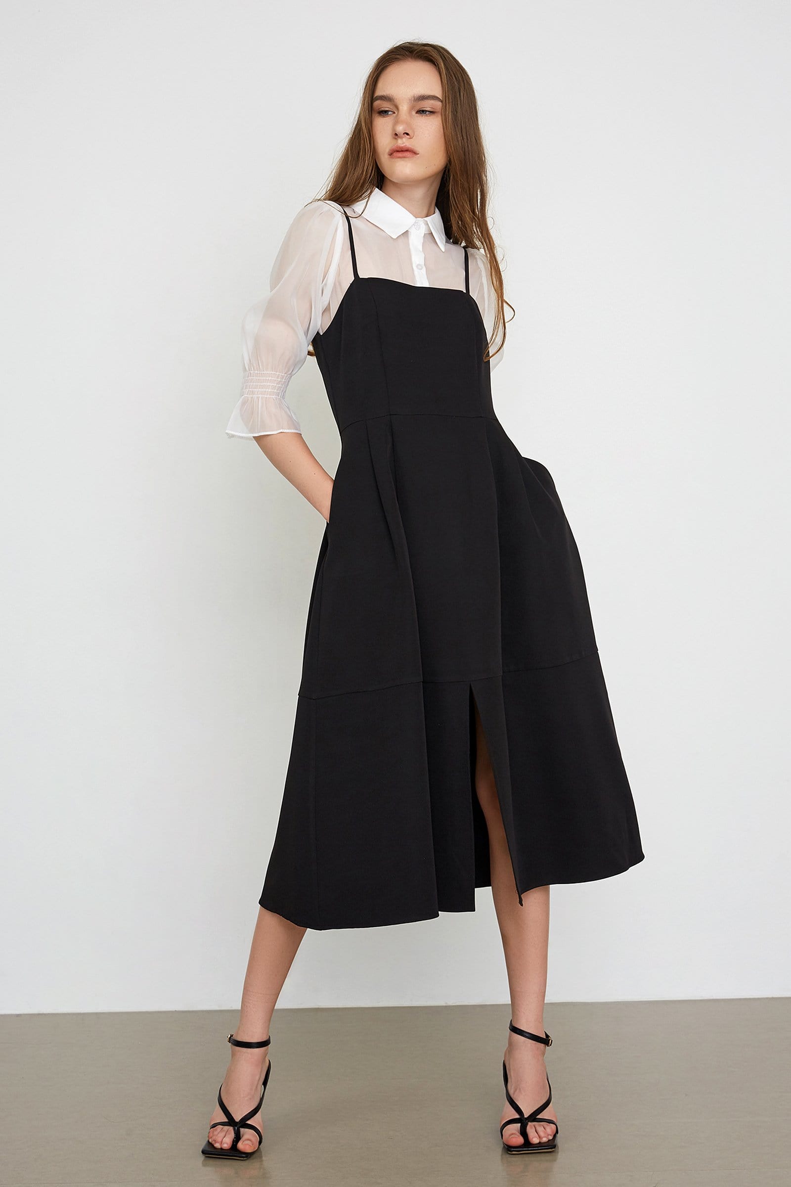 Square Neck Spaghetti Strap Front Slit Pocket A-Line Midi Dress