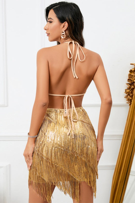 Sequin Halter Neck Fringe Tiered Mini Dress
