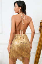 Sequin Halter Neck Fringe Tiered Mini Dress