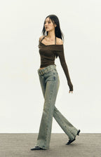 Ribbed Off-Shoulder Brown Knit Top