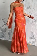 Orange Strapless Mermaid Ruched Abstract Floral Print Maxi Dress