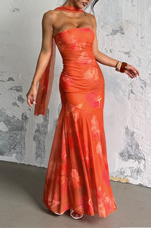 Orange Strapless Mermaid Ruched Abstract Floral Print Maxi Dress
