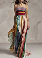 Slim Fit Striped Cold Shoulder Crinkled Chiffon Pleated Dress