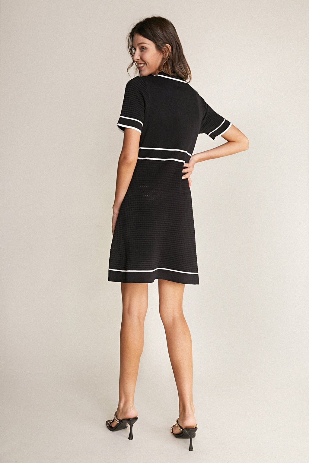 Polo Collar Button Front Contrast Trim Knit A-Line Mini Dress