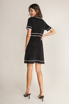 Polo Collar Button Front Contrast Trim Knit A-Line Mini Dress