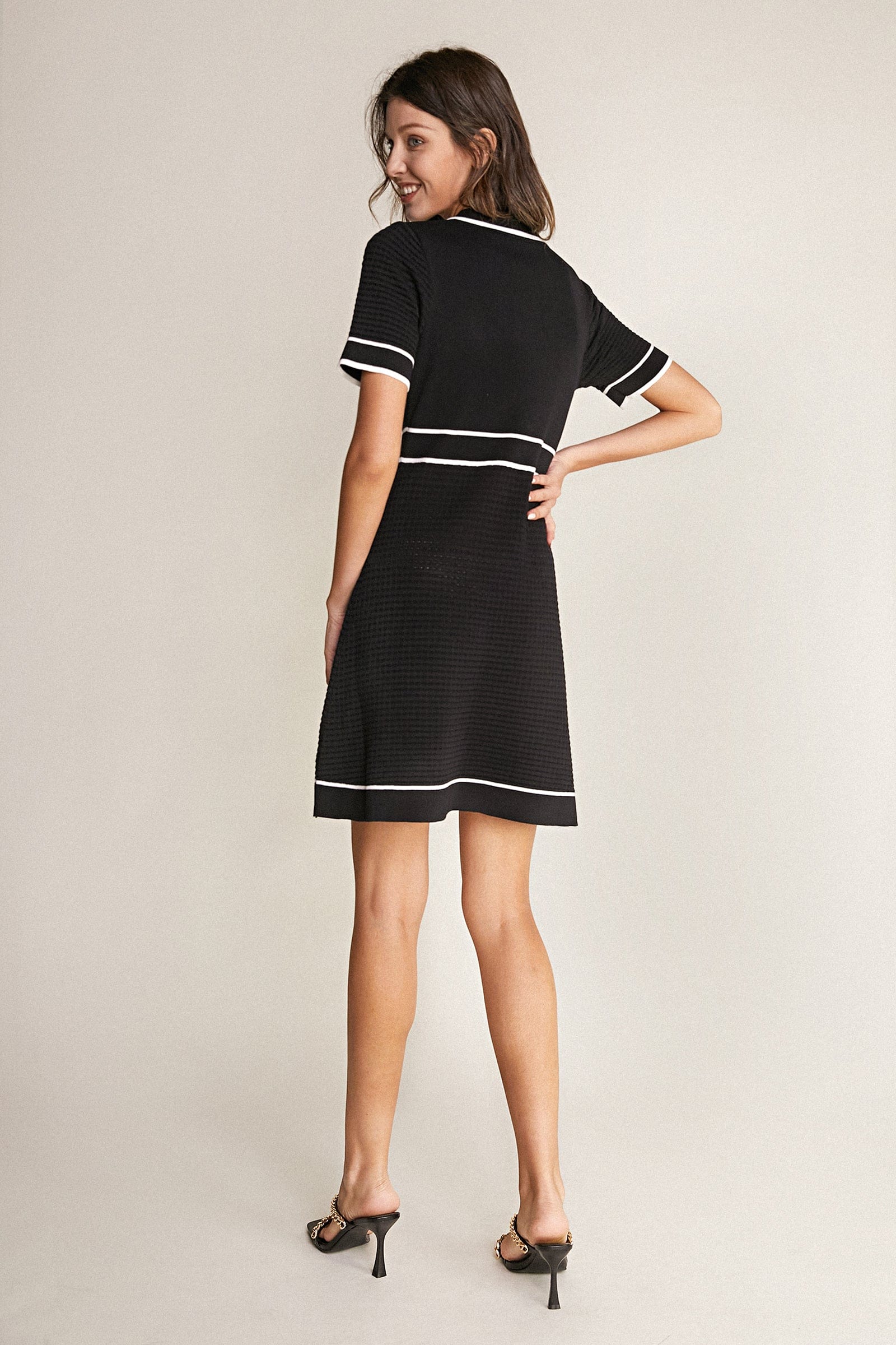 Polo Collar Button Front Contrast Trim Knit A-Line Mini Dress