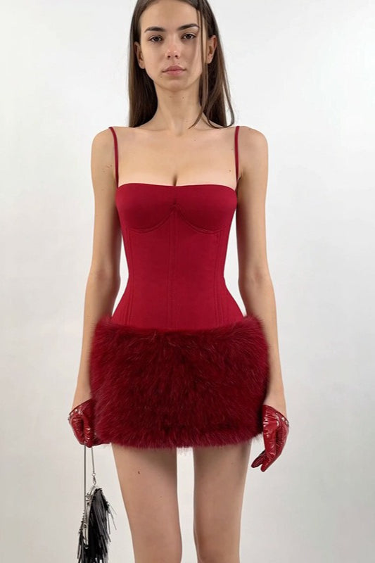 Spaghetti Strap Corset Bustier Faux Fur Trim Bodycon Mini Dress