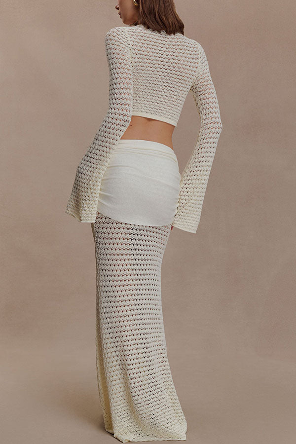 Mania Knit Hardware Detail Bell Sleeve Crop Top and Gathered Overlay Sash Stretch Maxi Skirt Set