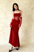 Velvet Square Neck Spaghetti Strap Lace Corset Mermaid Maxi Gown