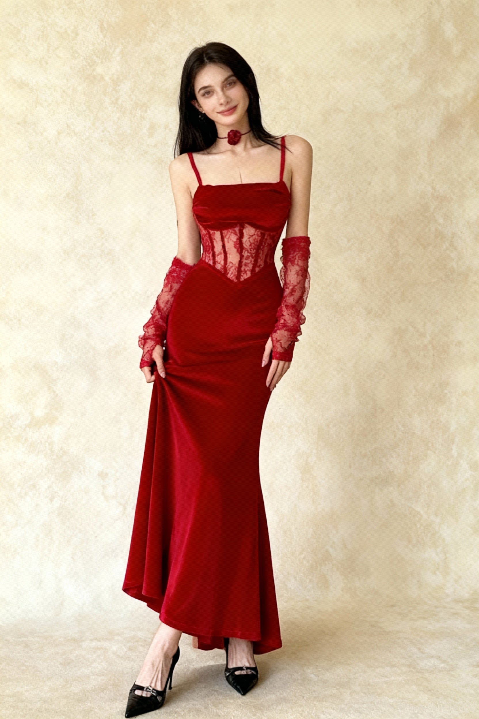 Velvet Square Neck Spaghetti Strap Lace Corset Mermaid Maxi Gown