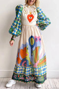 Mock Neck Lantern Sleeve Heart and Eye Graphic Print A-Line Maxi Dress