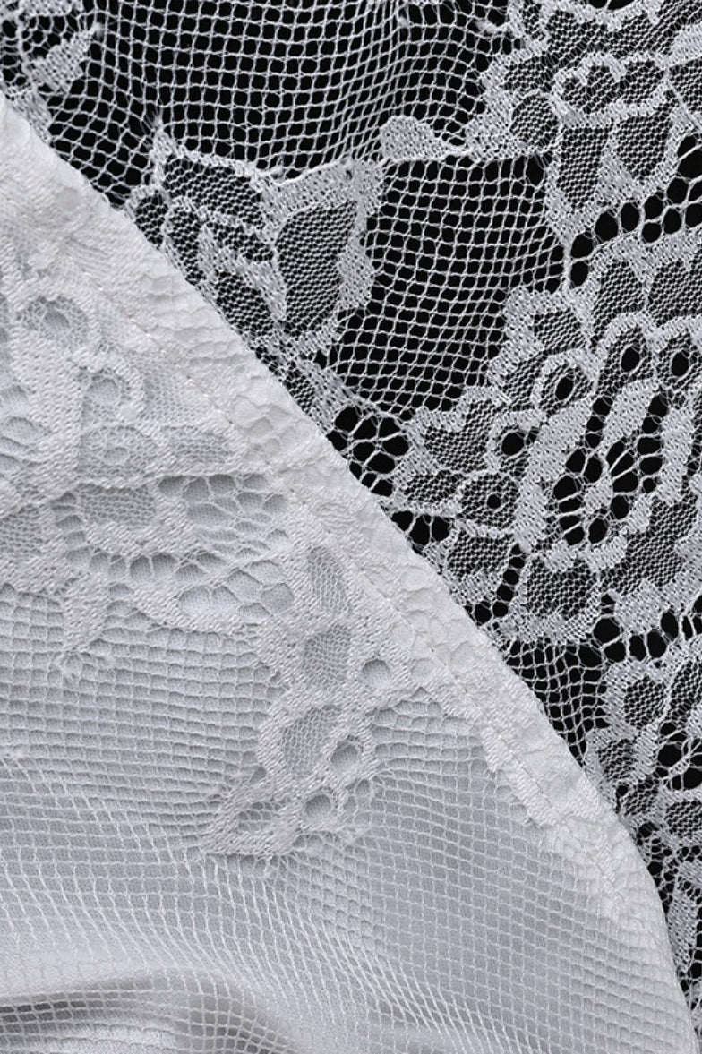 White Spaghetti Strap V Neck Ruffle Trim Lace Patchwork Slit Maxi Dress