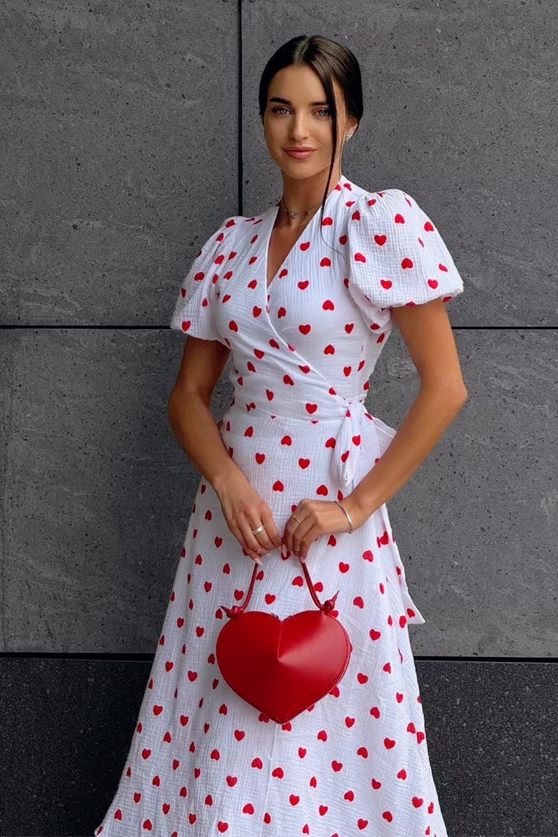 Puff Sleeve Heart Print Wrap Tie Waist Thigh Slit Midi Dress