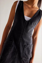 Denim Deep V-Neck Wide Strap Front Pocket Pinafore Mini Dress
