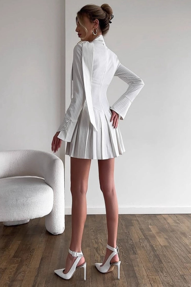 Pinstripe Button Front Choker Cut Out Neck Long Sleeve Pleated Mini Dress