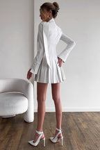 Pinstripe Button Front Choker Cut Out Neck Long Sleeve Pleated Mini Dress
