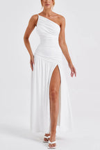 One Shoulder Spaghetti Strap Ruched High Split Bodycon Maxi Dress