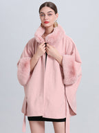 Women Poncho High Collar Light Gray Oversized Faux Fur Cape