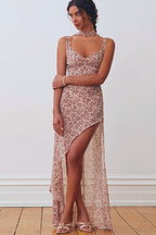 Red Spaghetti Strap Backless Ditsy Floral Print A-Line Maxi Dress