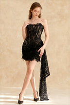 Lace Strapless Corset Eyelash Trim Draped Sash Mini Dress