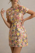80's Inspired Floral Print Sequin Short Sleeve Stretch Mini Dress