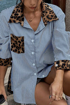 Stylish Striped Leopard Print Patchwork Loose Casual Long-sleeved Shirt