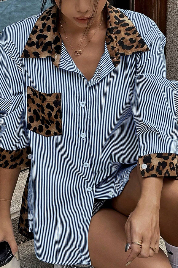 Stylish Striped Leopard Print Patchwork Loose Casual Long-sleeved Shirt