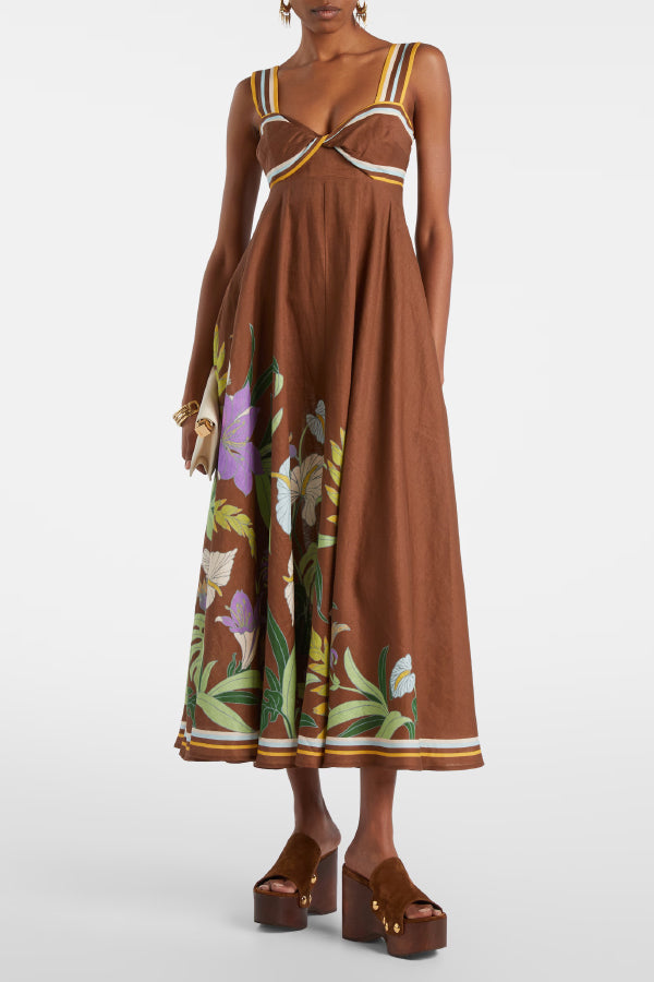 Brown Floral Linen Midi Dress