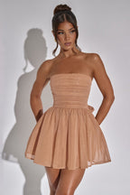 Strapless Glitter Mesh Ruched Bodice Bow Back Tiered Mini Dress