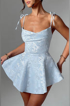 Jacquard Floral Bow Strap Cowl Neck Fit and Flare Mini Dress