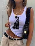 Cat Print Slim Fit Casual White Tank Top